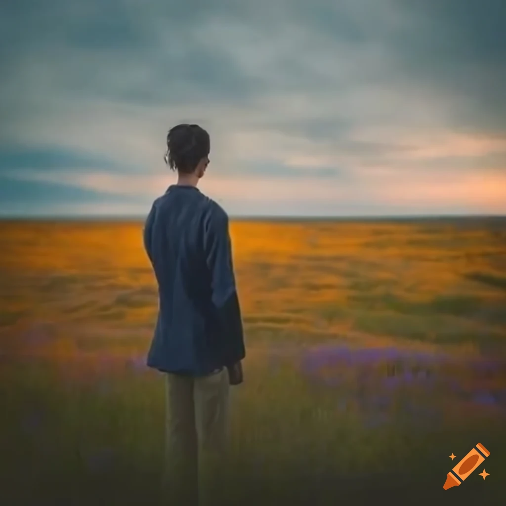 sunset meadow with young man standing