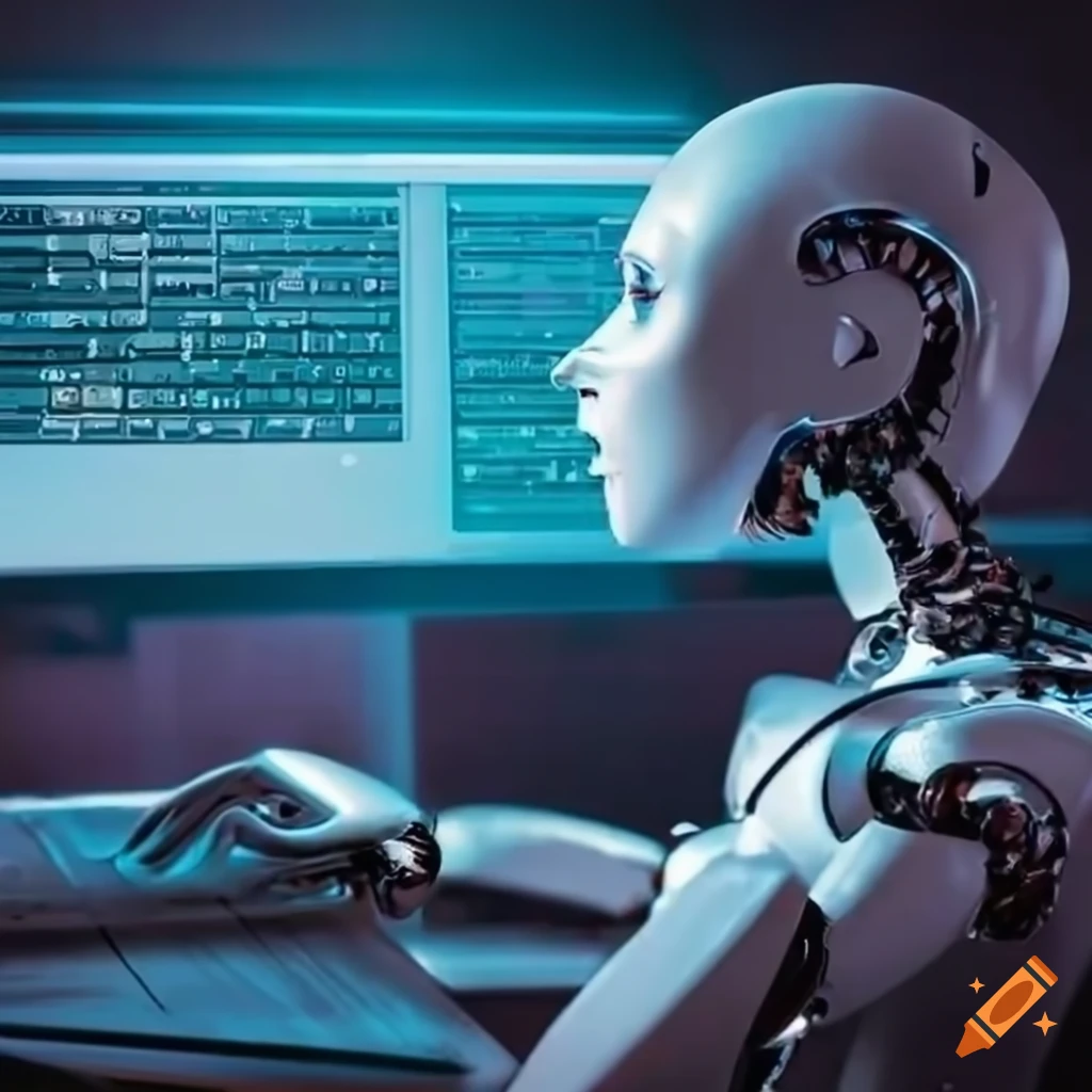 Futuristic ai robot typing on a computer on craiyon