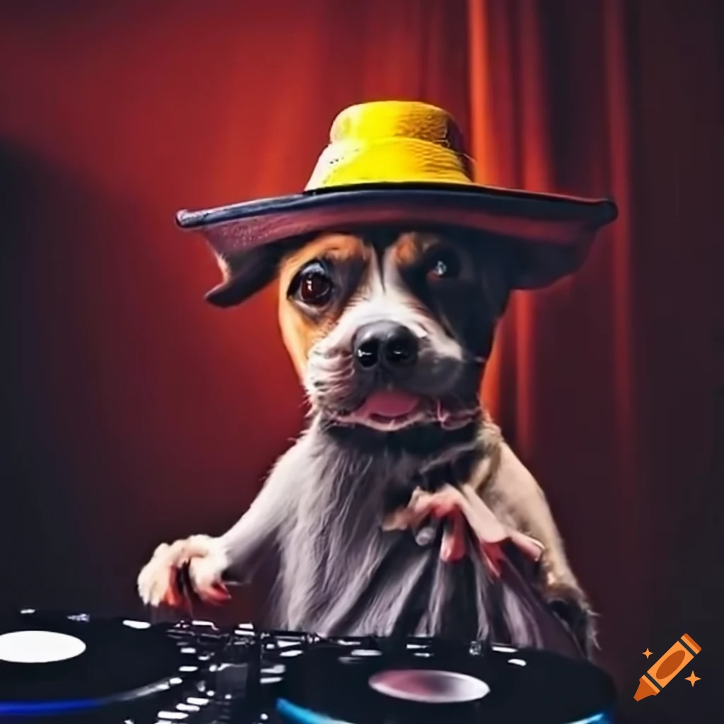 Dog with wings djing at a table on Craiyon