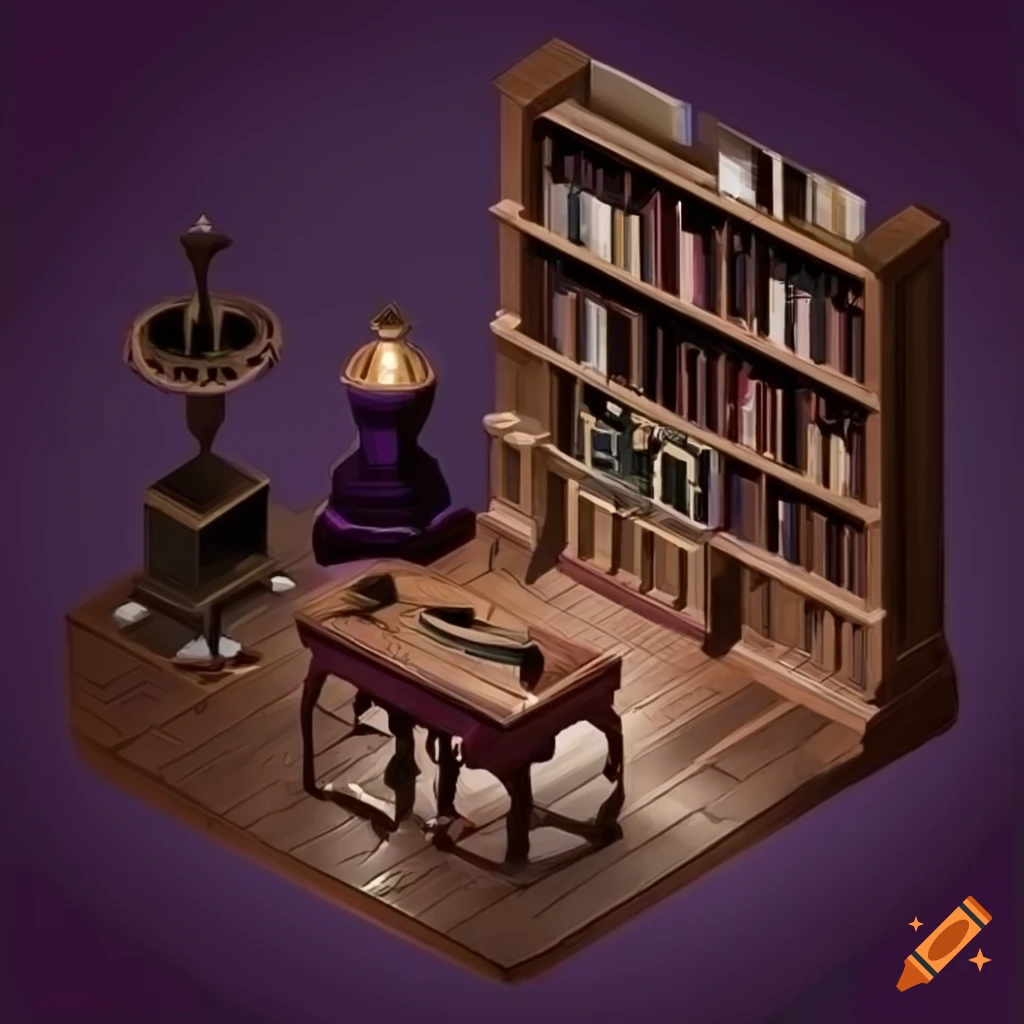 isometric view of a gothic study room with bookshelves