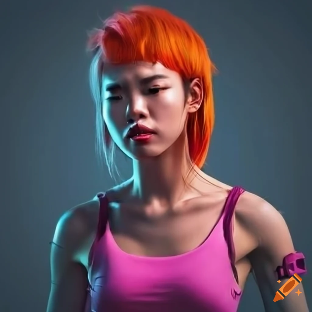 cyberpunk Asian woman with orange hair and pink tank top