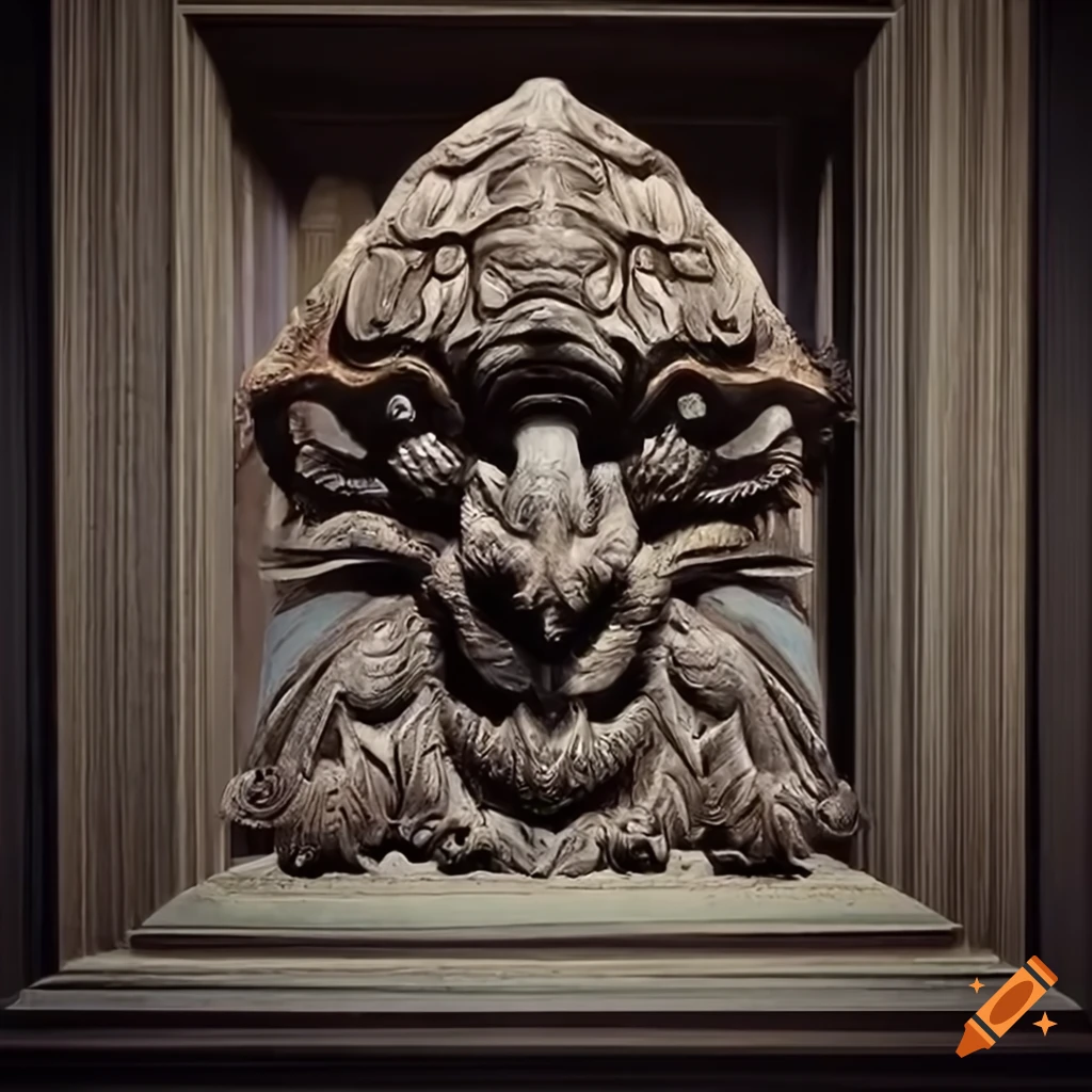 detailed carving of a werewolf moth motif