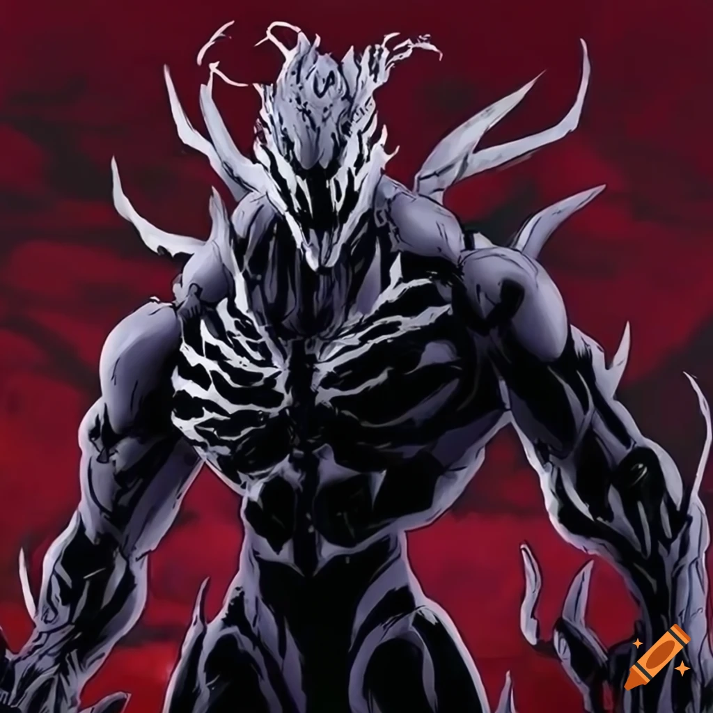 comic artwork of a black and white symbiote character with scythes for arms