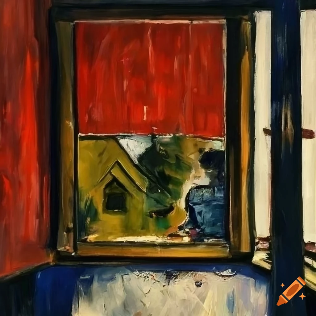 oil painting of a small village seen through a window