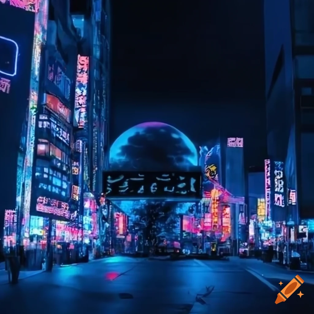Tokyo skyline at night with brilliant neon lights in the style of 