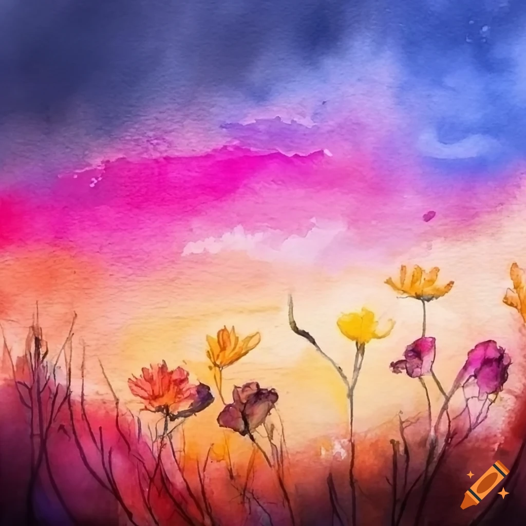 Colorful dawn landscape with flowers on Craiyon