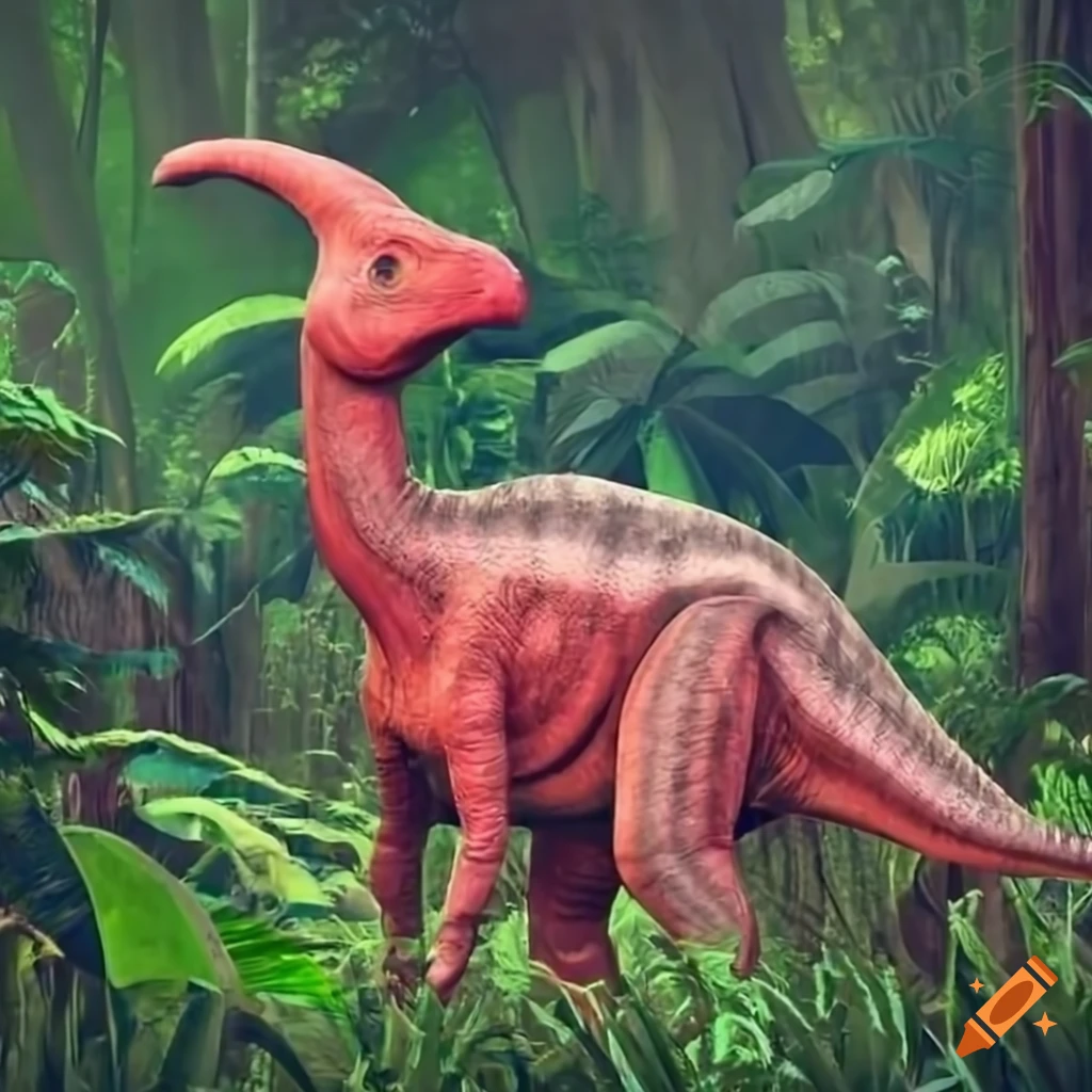 red parasaurolophus in a tropical forest