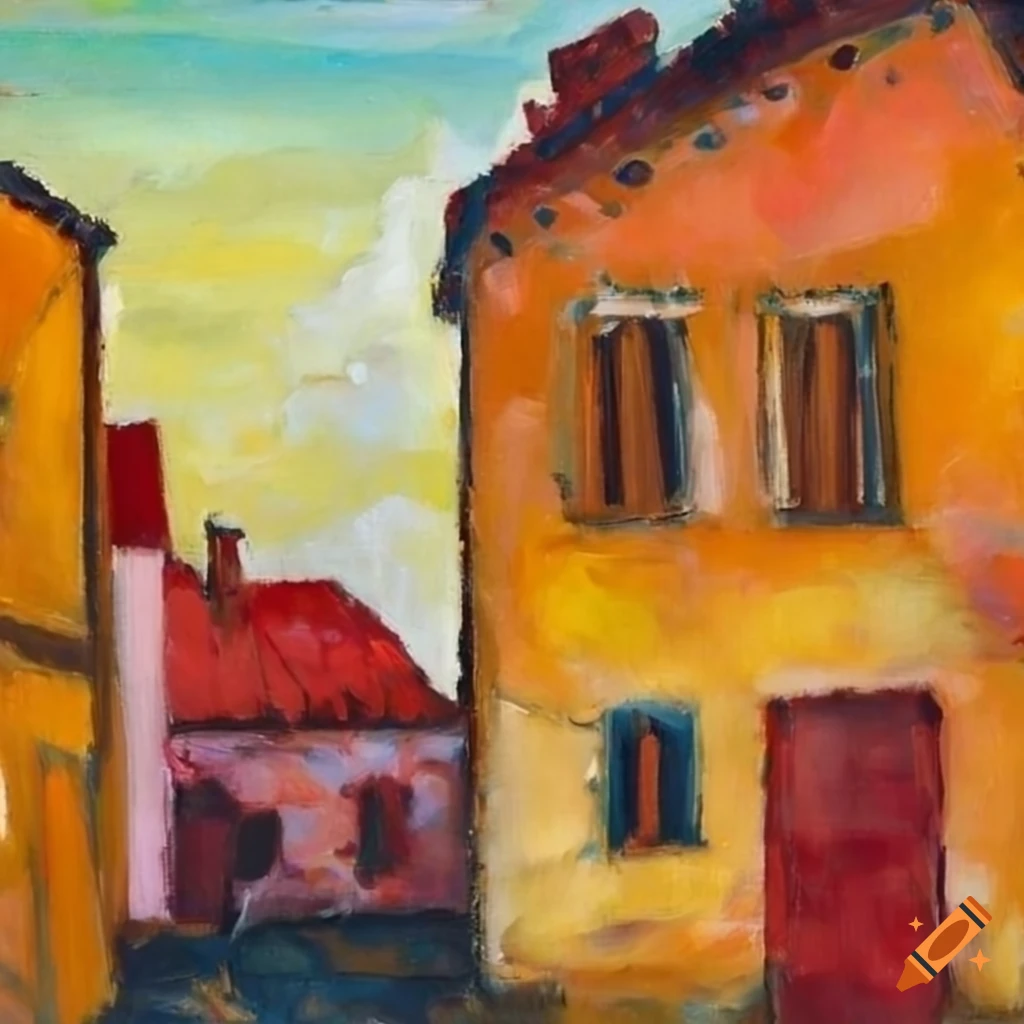 oil painting of roofs in a small town