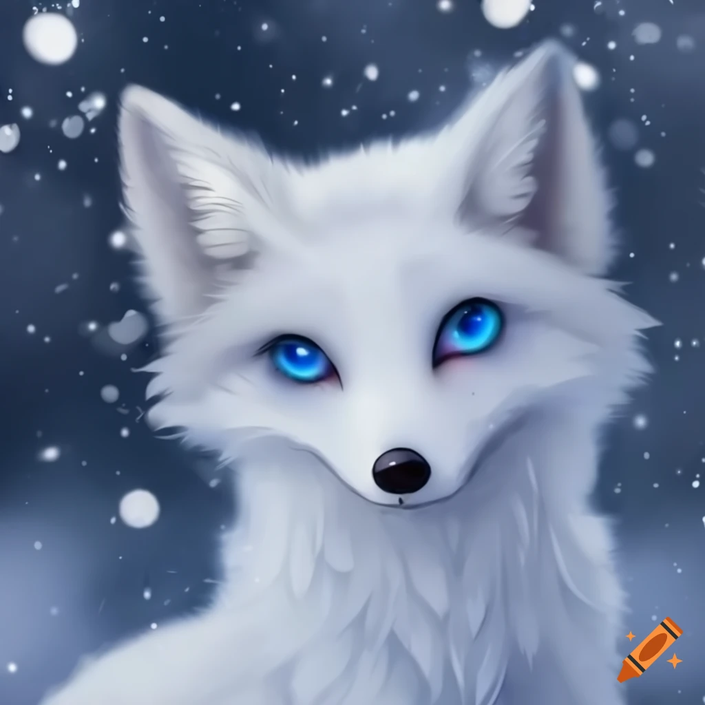 Cute white anime fox with blue eyes in snowy forest on Craiyon