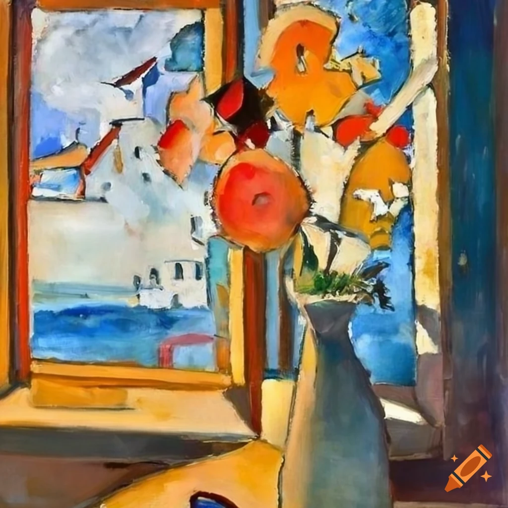 oil painting of flowers on a window with a winter landscape