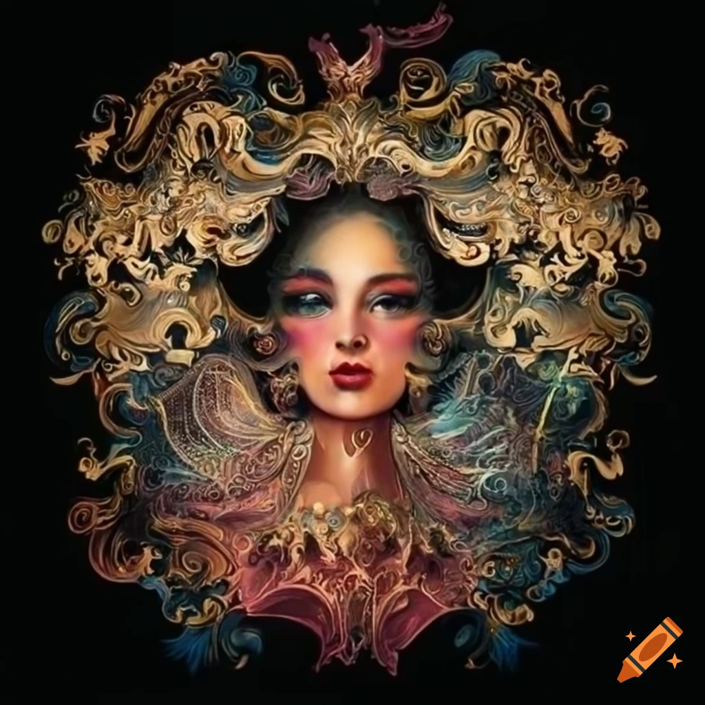 surrealistic artwork with black hair in golden clouds
