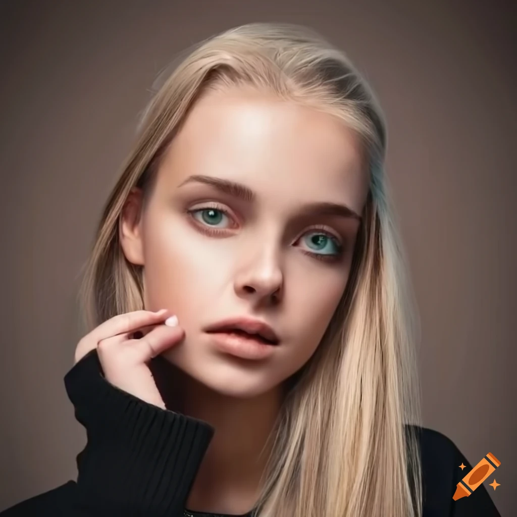 fashionable young woman with blonde hair and brown eyes