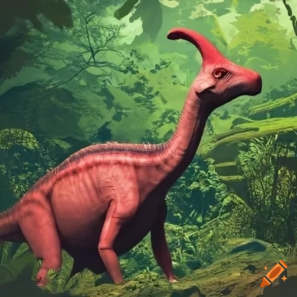 image of a large red parasaurolophus in a dense jungle