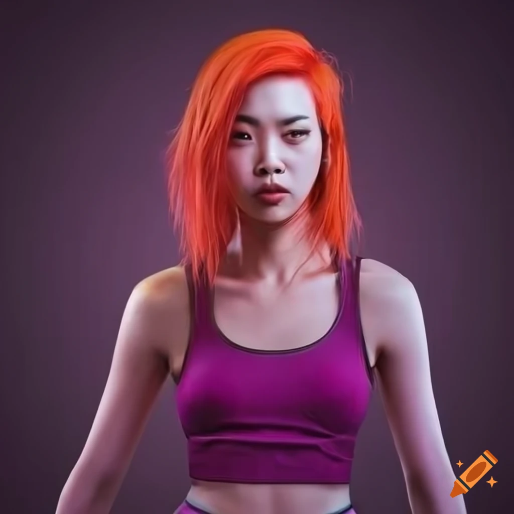 cyberpunk woman with orange hair and pink racerback tank top