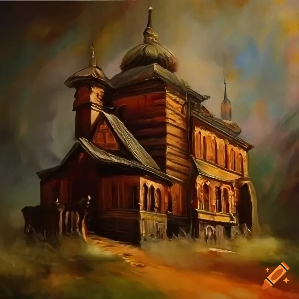 Oil painting of a wooden victorian church on Craiyon