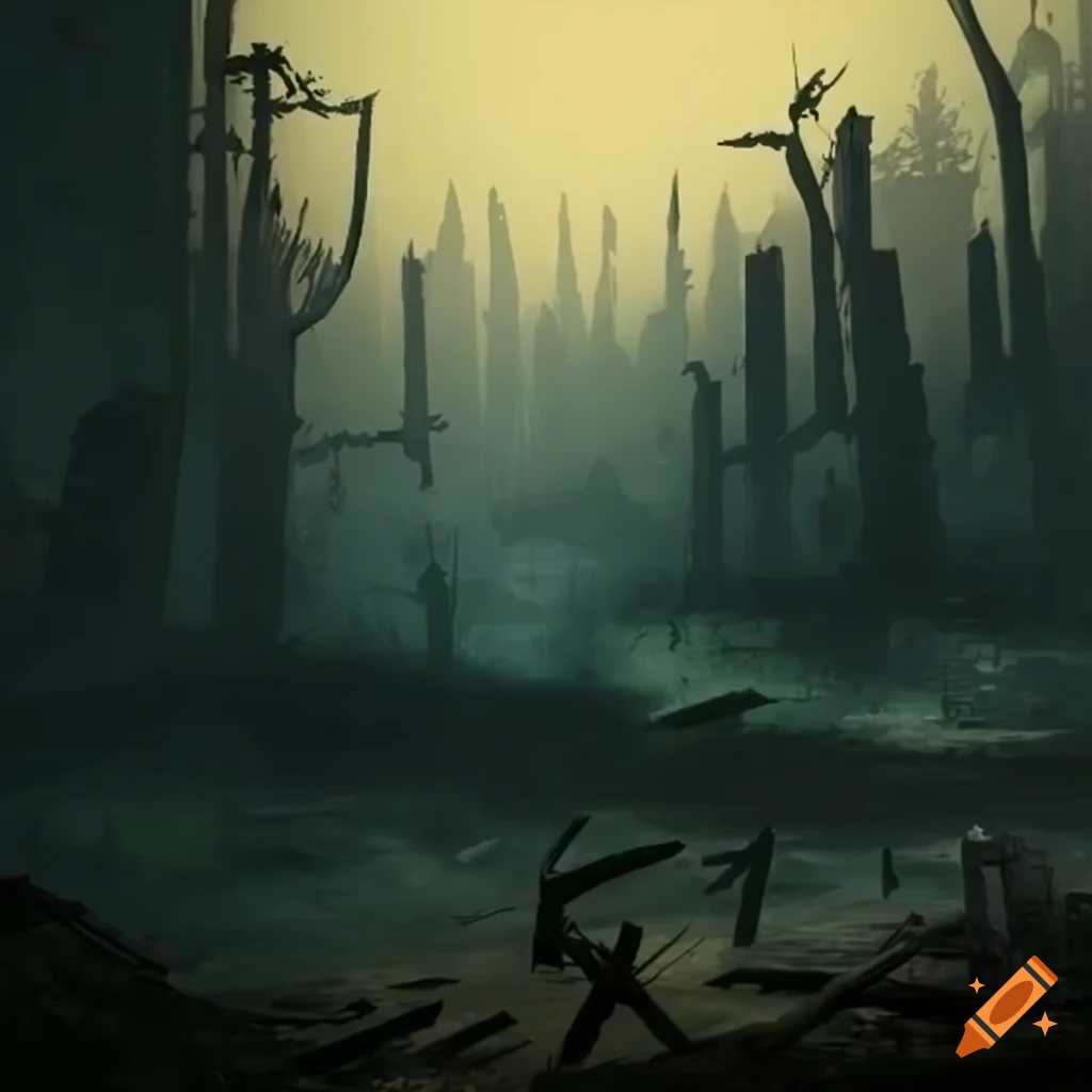 desolate wasteland with decaying bodies and plants