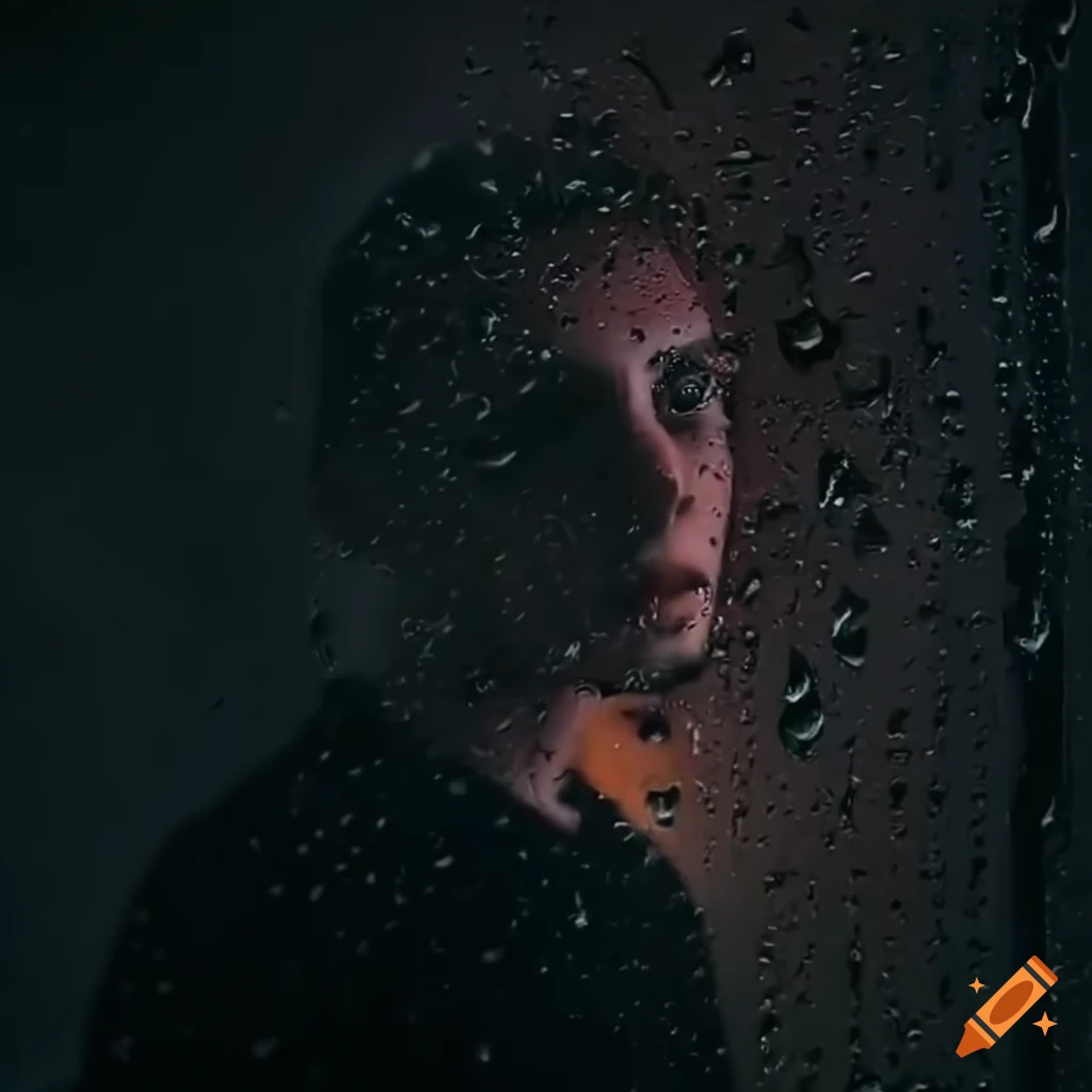 silhouette of a man peering through a rainy window