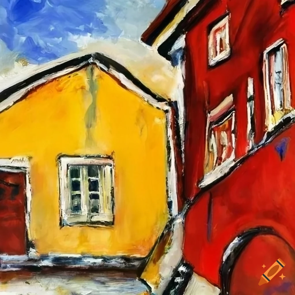 oil painting of Norwegian houses with flowers through an open window