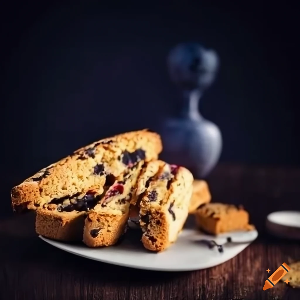 Bowl of blueberryflavored biscotti with craisins and white chocolate