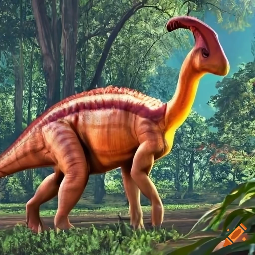 Image of a massive orange parasaurolophus in the jungle on Craiyon
