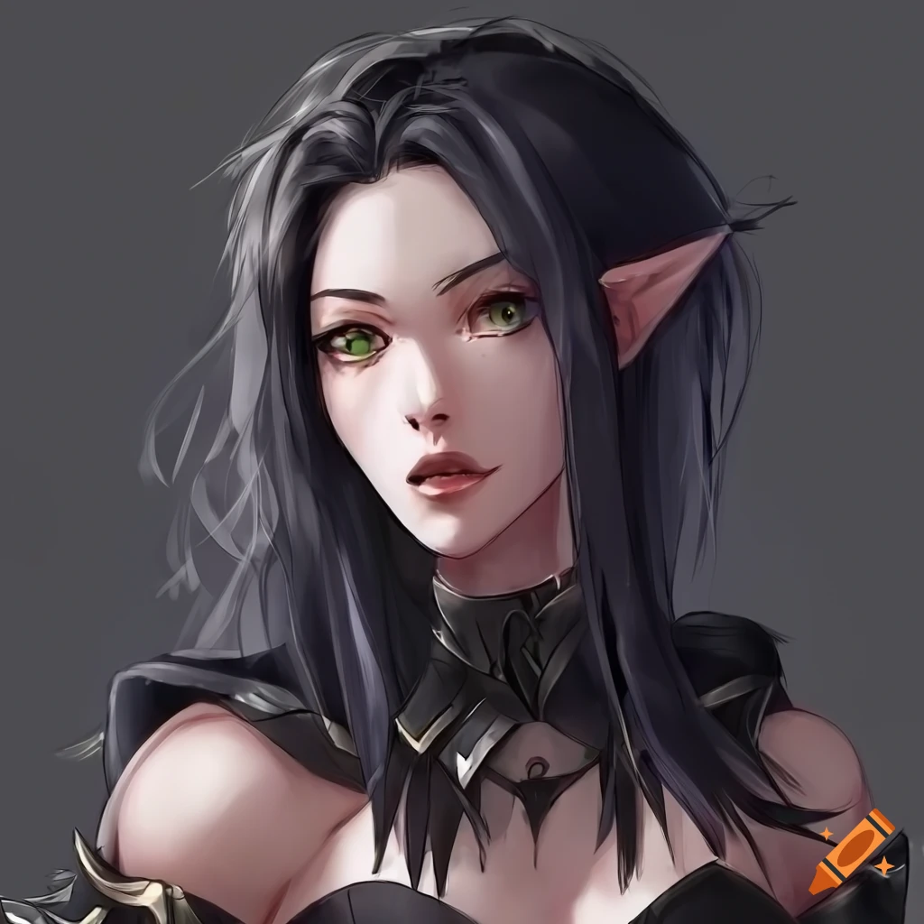 portrait-of-a-confident-female-elf-with-black-hair-on-craiyon