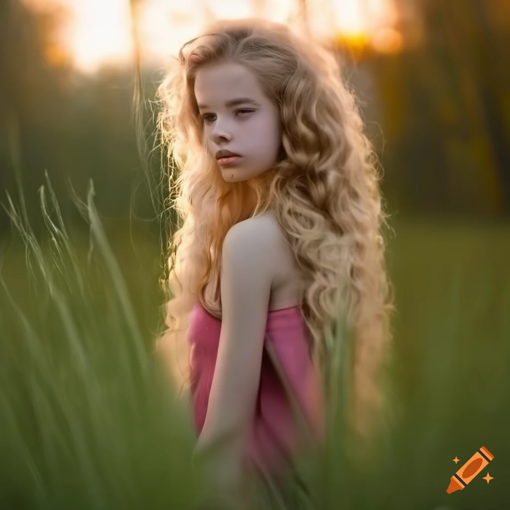 Portrait of a young girl with long curly blonde hair