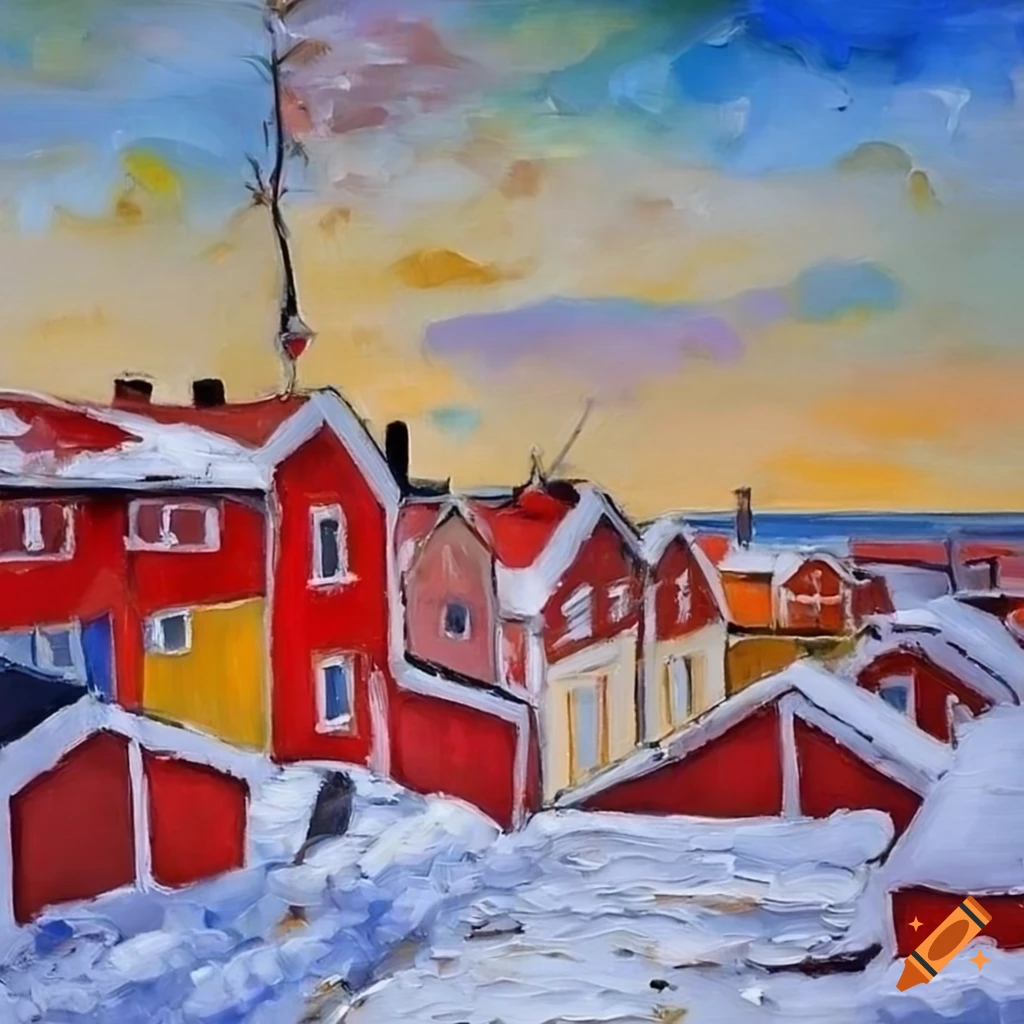Oil painting of a small swedish seaside town in winter on Craiyon