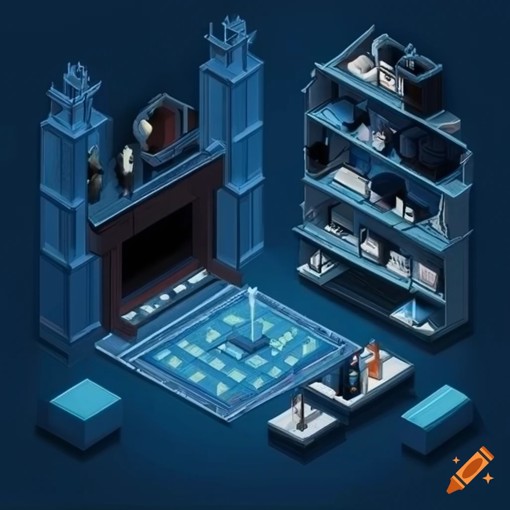 Isometric view of a dark blue gothic study room on Craiyon