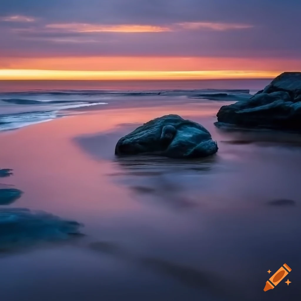 sunset over a coastline with exposed rocks during low tide