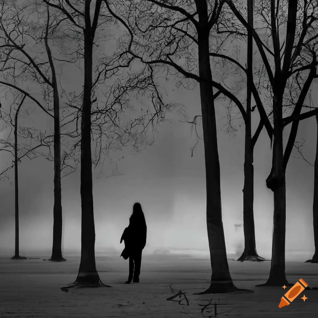 eerie black and white illustration of silhouettes in a city