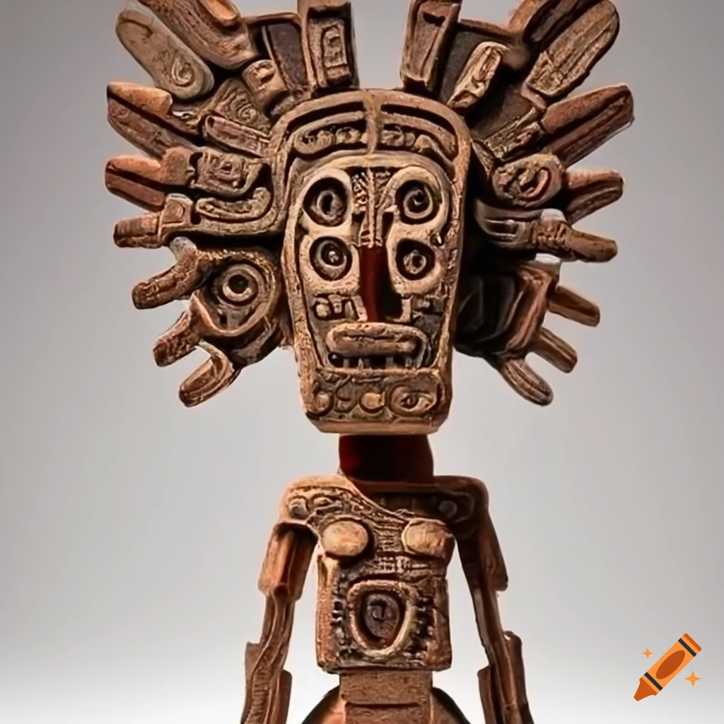 copper sculpture of a winged Mayan robot