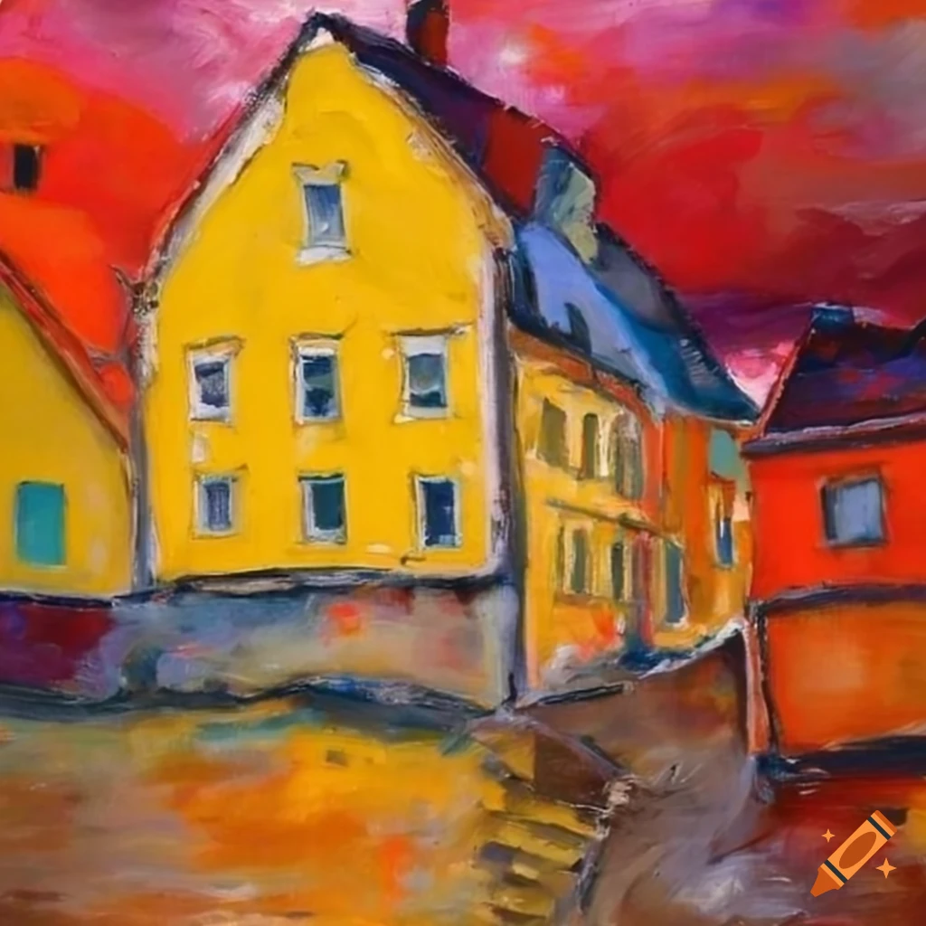 Modigliani and Kandinsky oil painting of norwegian houses