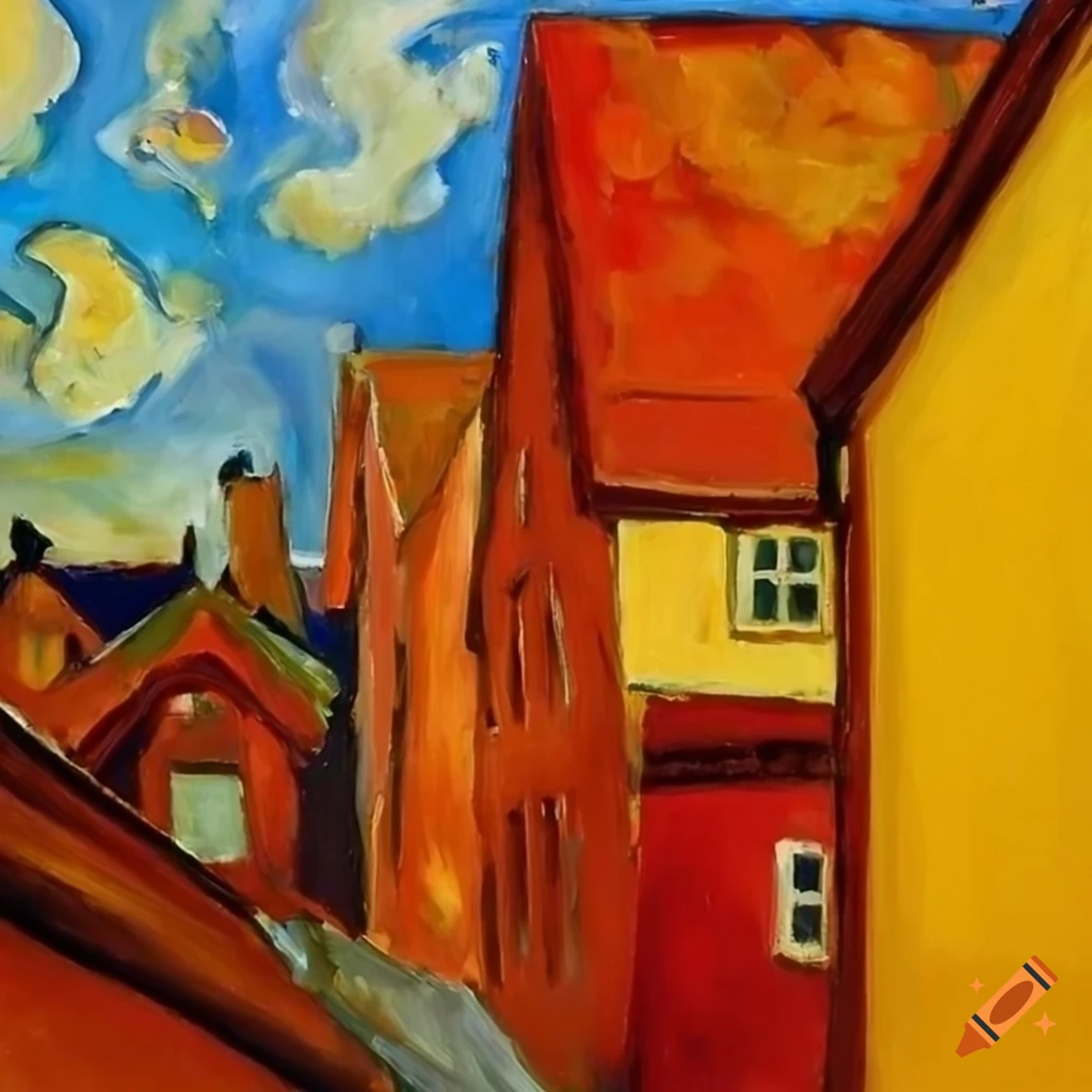 Oil painting of rooftops in a small coastal town in Norway on Craiyon