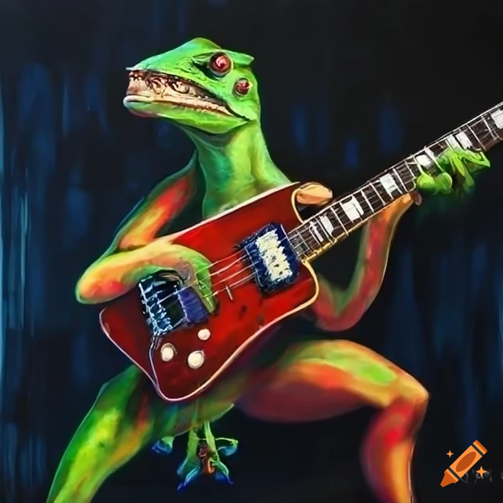 painting of a lizard playing a guitar on stage