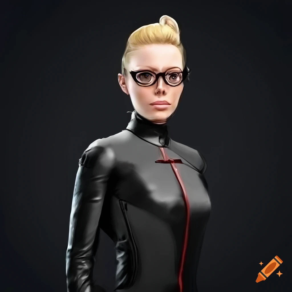 Illustration of a determined blonde female pilot in black leather jumpsuit