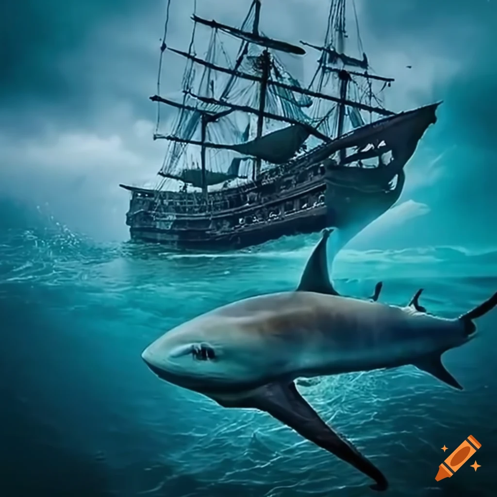 Pirate ship navigating stormy seas surrounded by sharks
