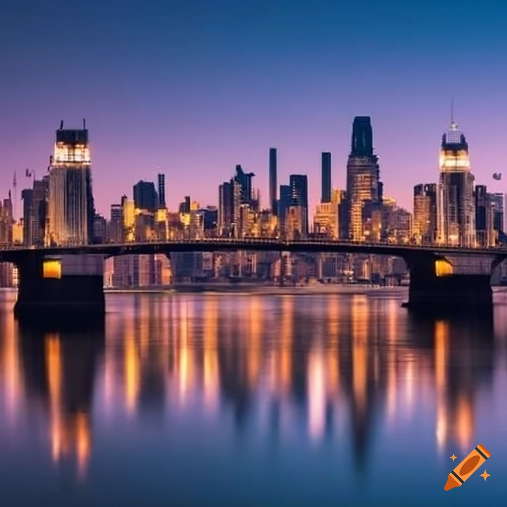 New york city skyline with a newly built bridge over the hudson river
