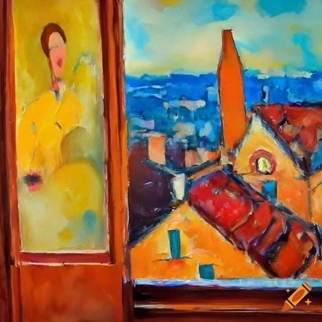 oil painting of roses in an open window with rooftops view