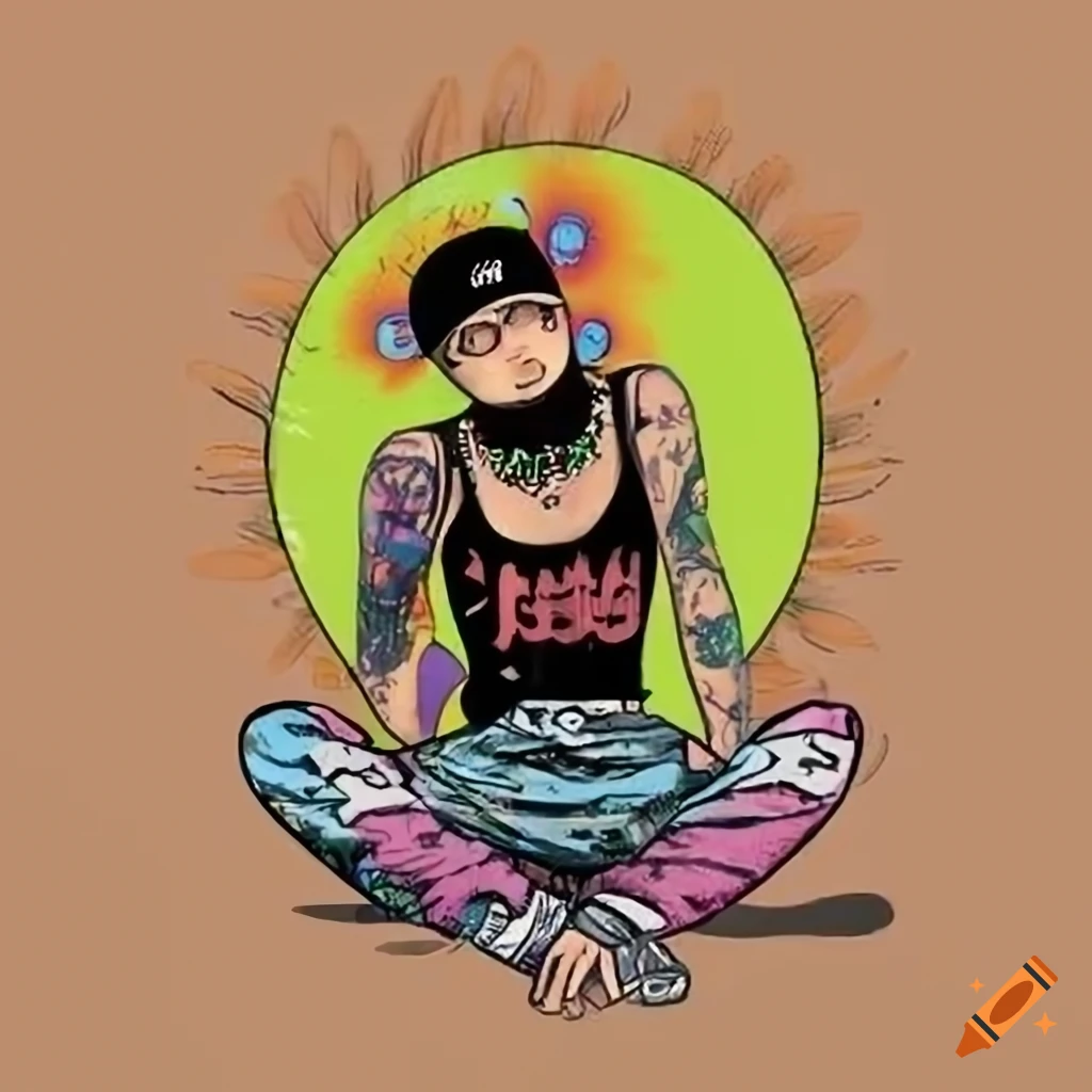 Cartoon depiction of a tattooed black man sitting on the sun on Craiyon, image size:1024x1024