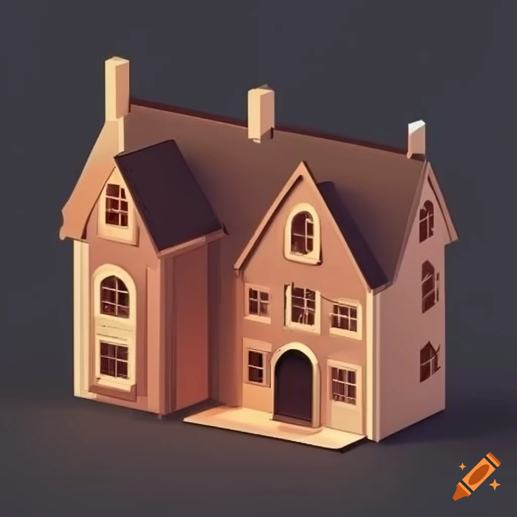 isometric view of the inside of a brown dollhouse