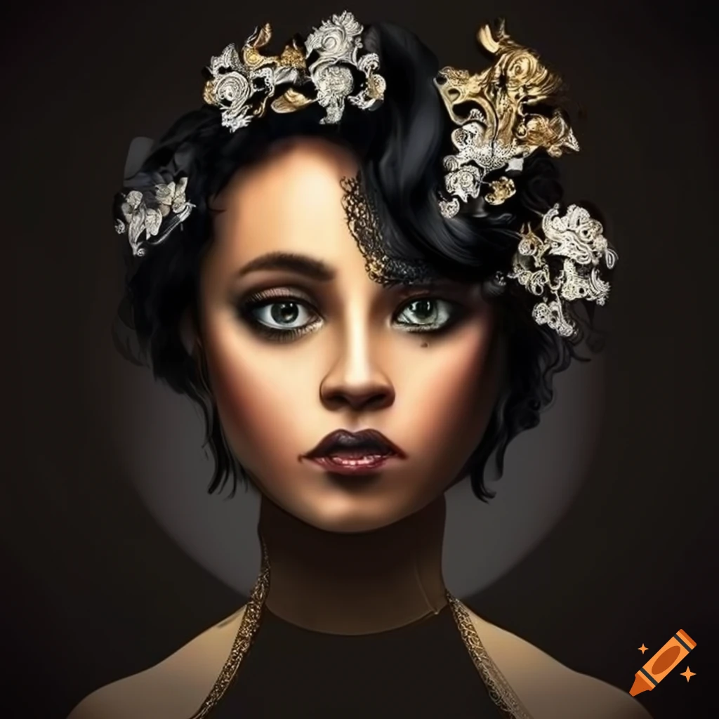Surrealist Artwork With Black Hair Spread In Gold Clouds surrealist-artwork-with-black-hair-spread-in-gold-clouds