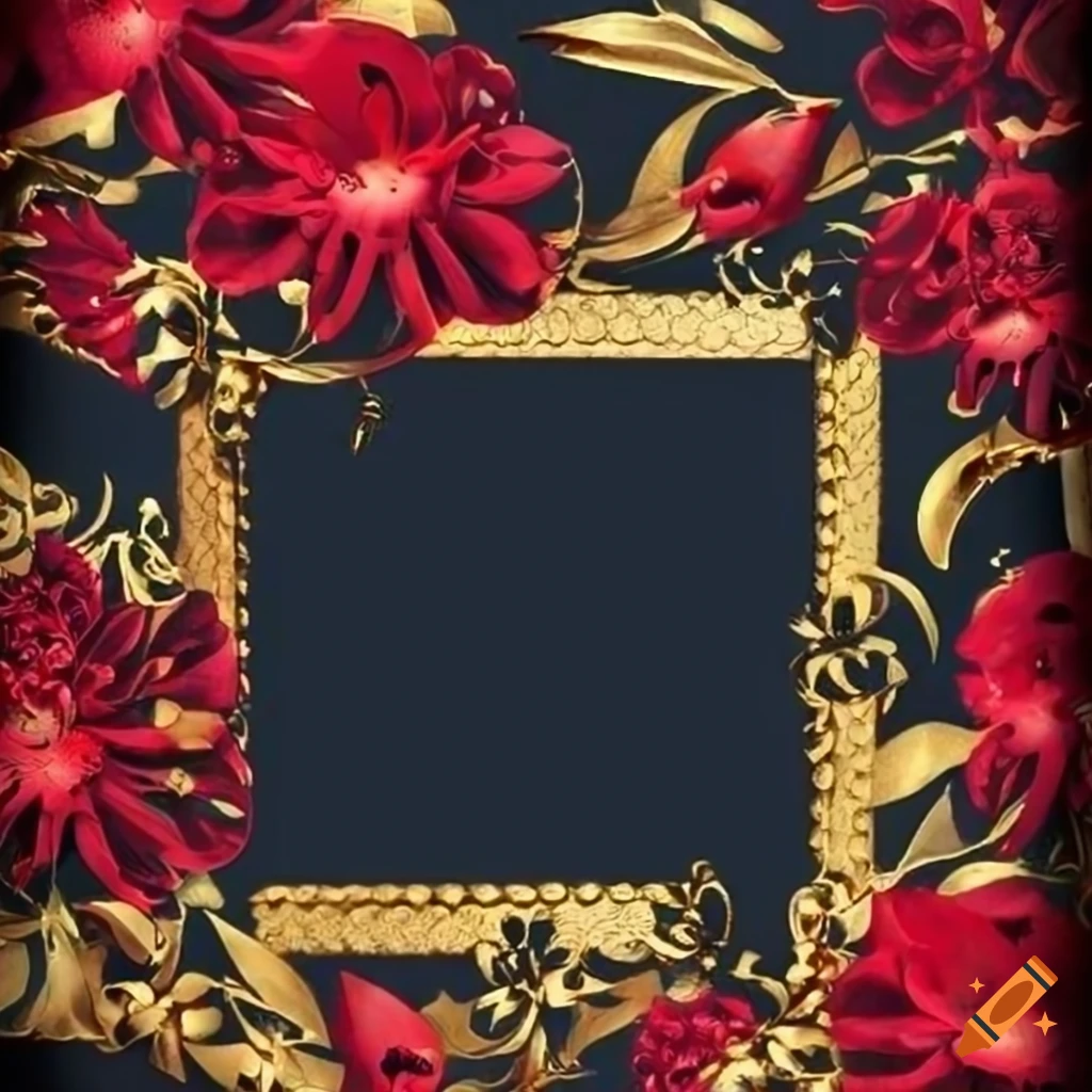 Gold and red floral artwork in a black frame on Craiyon