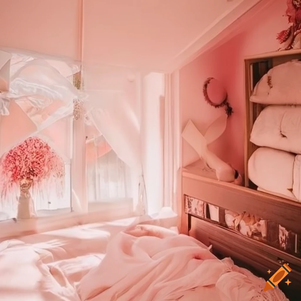Pink-themed bedroom with cute plushies and bright light on Craiyon
