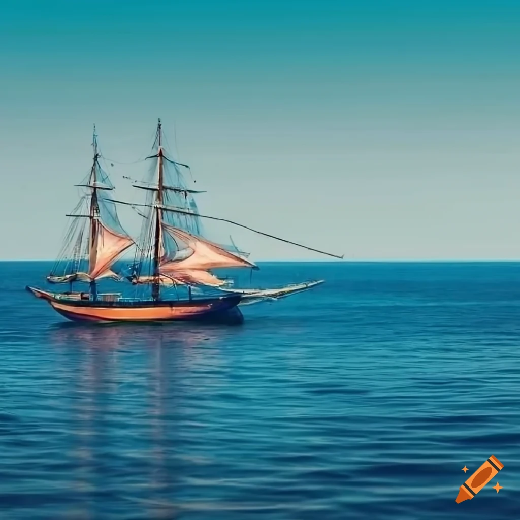 sailing ship on the blue ocean with clear sky