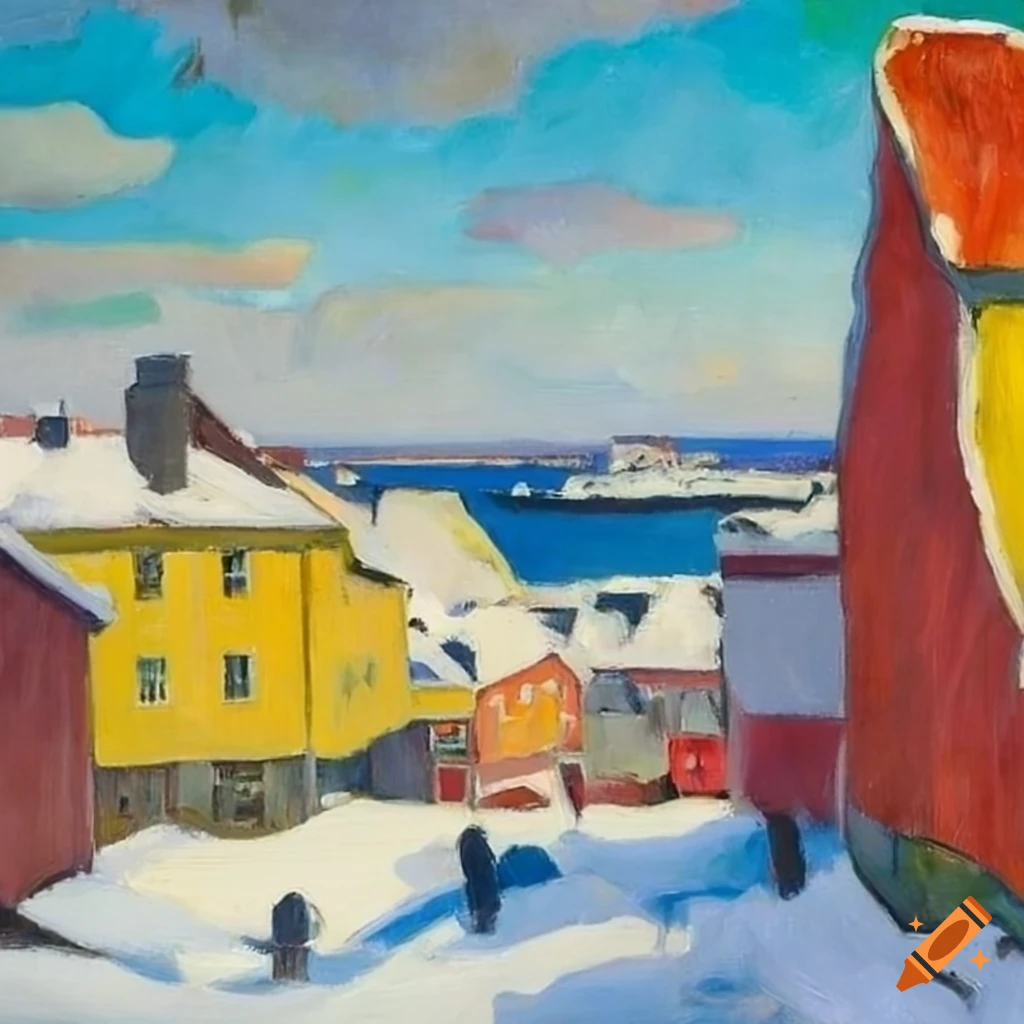 colorful oil painting of a coastal town in wintertime