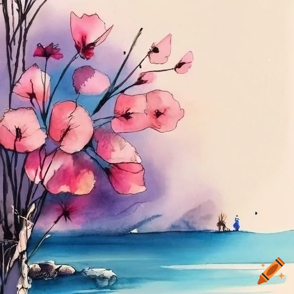 ink painting of flowers in a scenic landscape