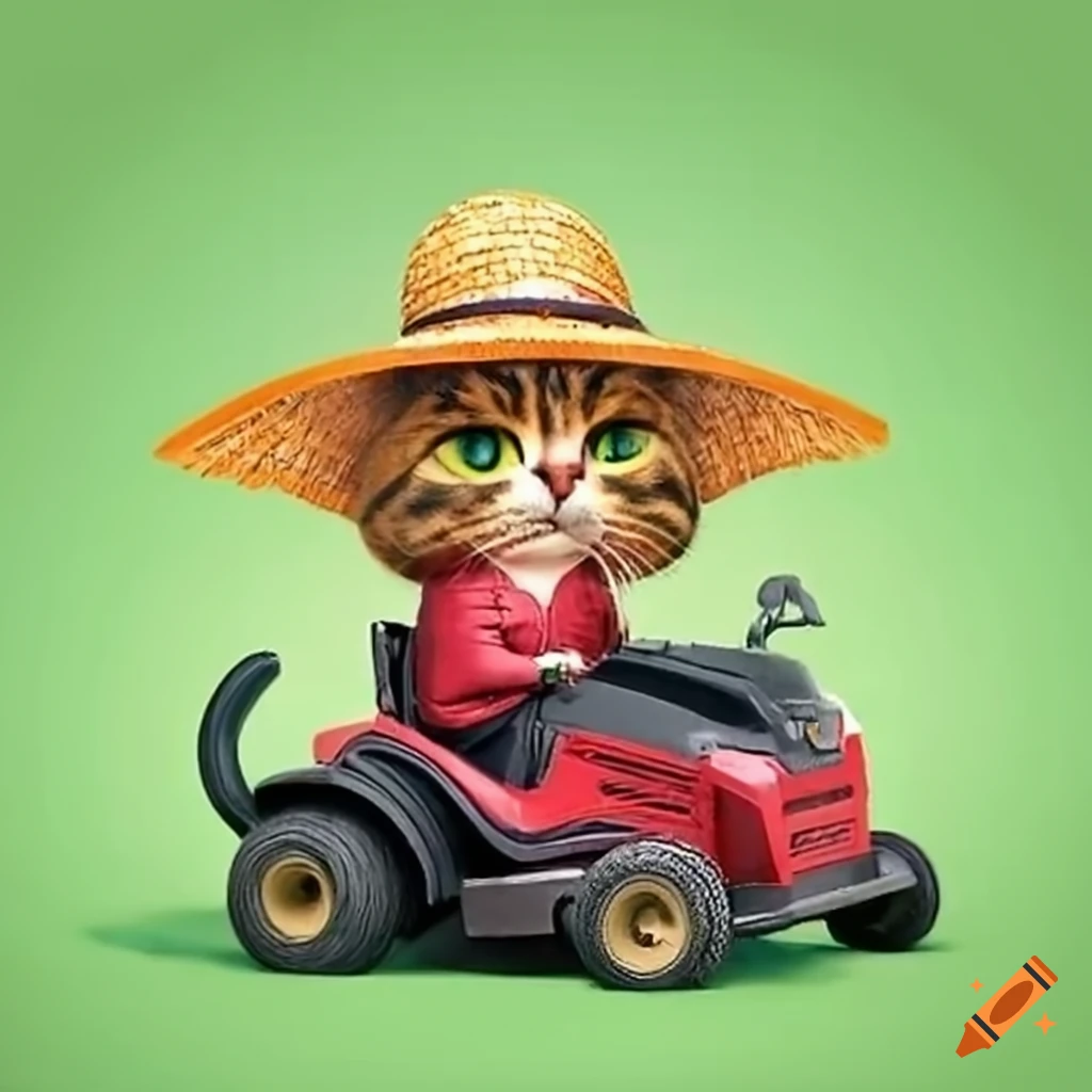 Cats riding lawnmowers wearing straw hats on Craiyon