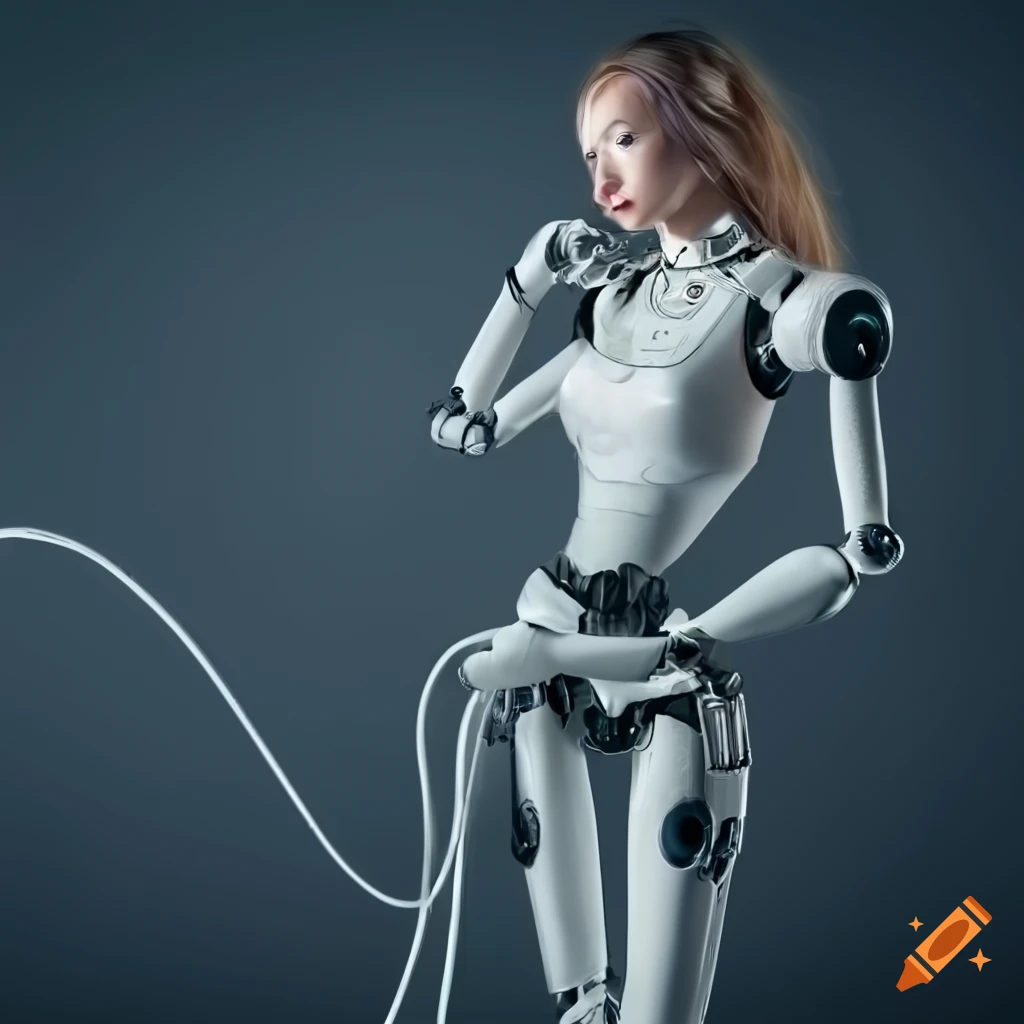 highly detailed futuristic robot girl connected to cables