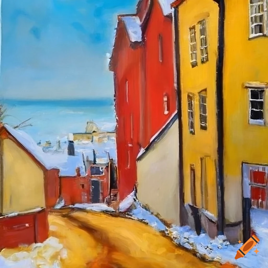 colorful oil painting of a coastal town in Norway