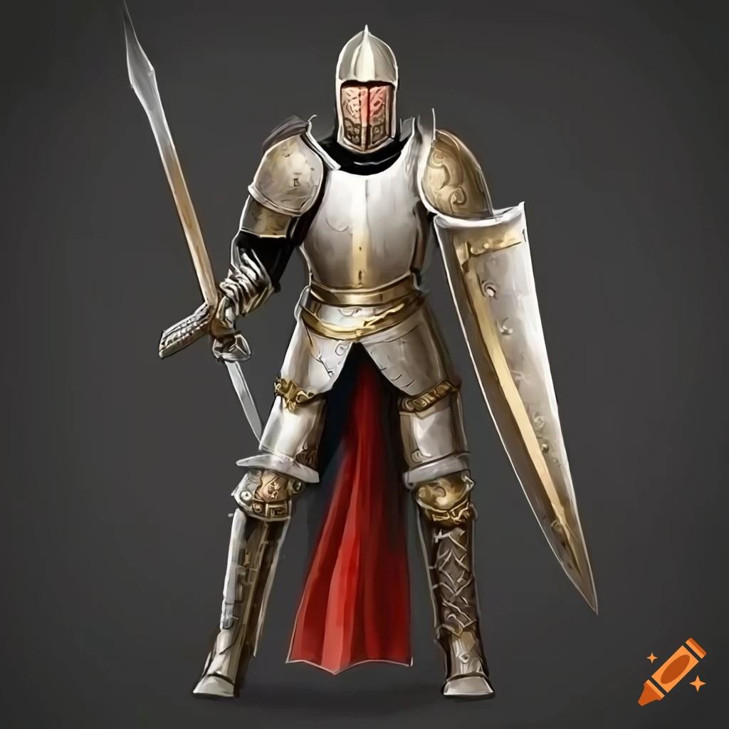 Image of a holy paladin in plate armor wielding sword and shield on Craiyon